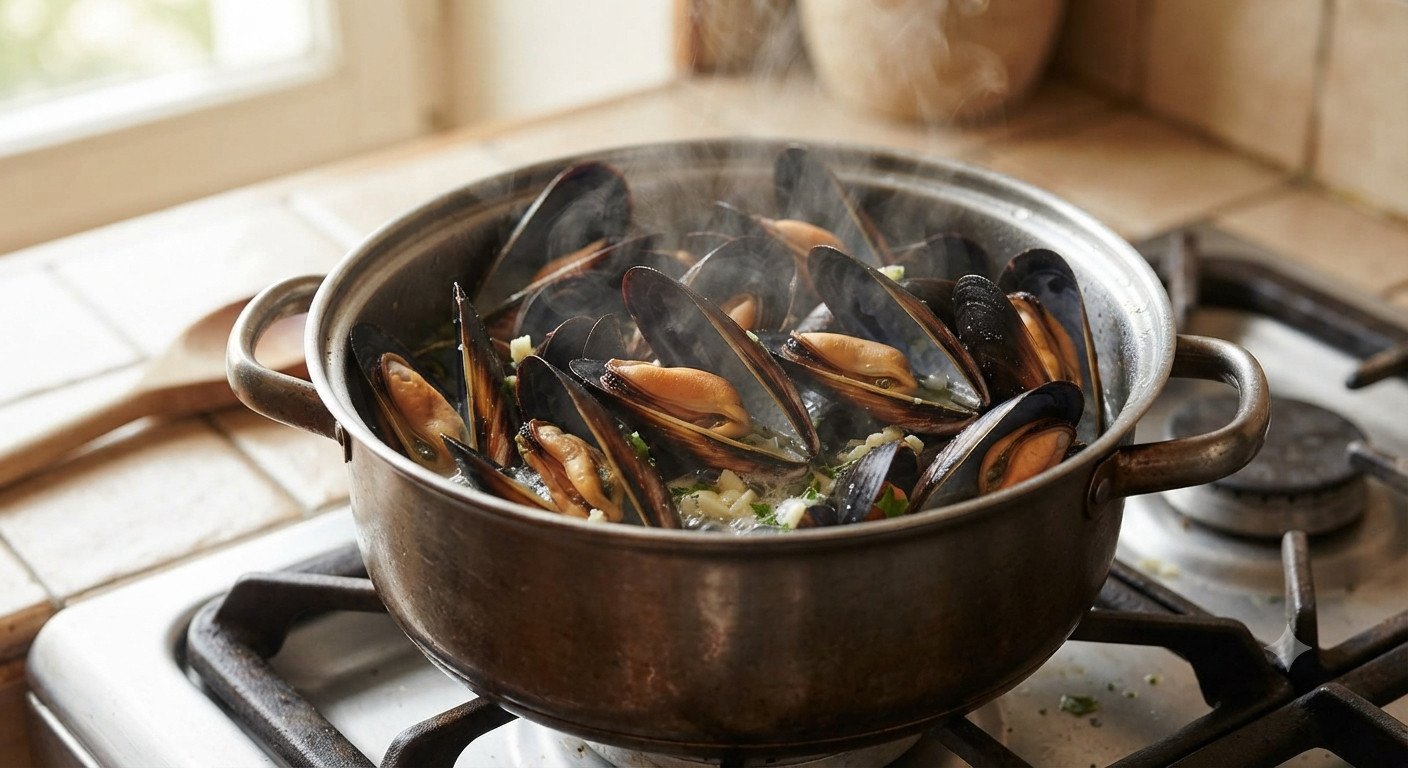 Mejillones abriéndose al vapor en una olla, con la concha entreabierta