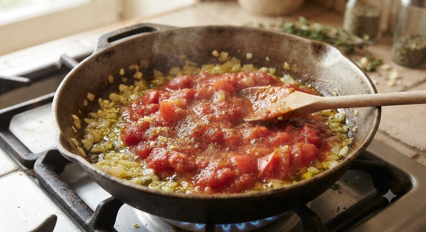 Cebolla y tomate triturado sofriéndose en una sartén