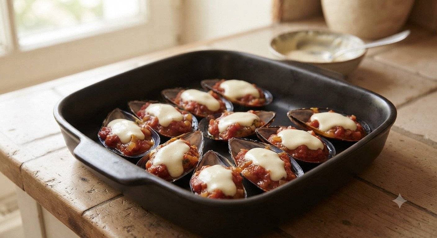 Conchas de mejillón rellenas con la mezcla de tomate y bechamel, antes de gratinar