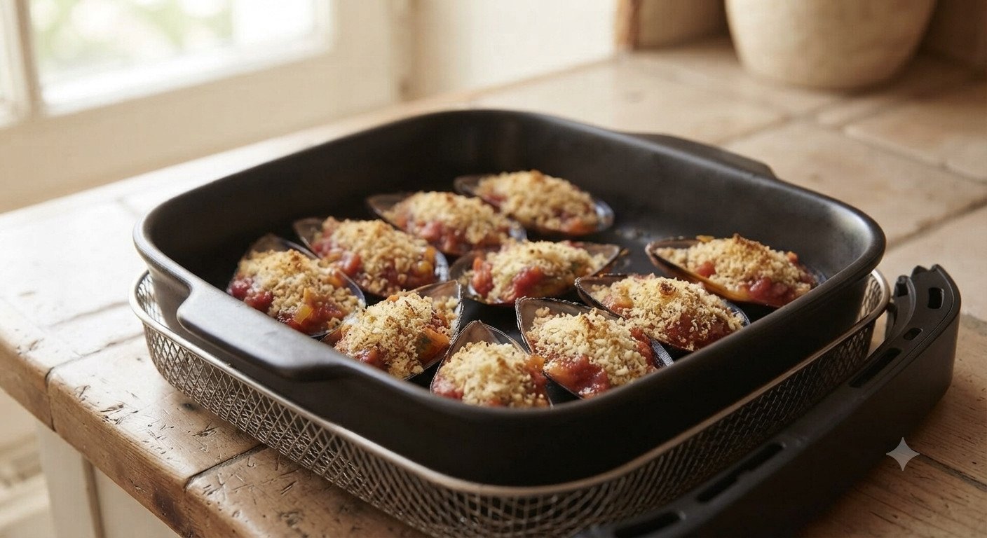 Conchas rellenas con pan rallado y queso por encima, dentro de la cesta de la freidora de aire