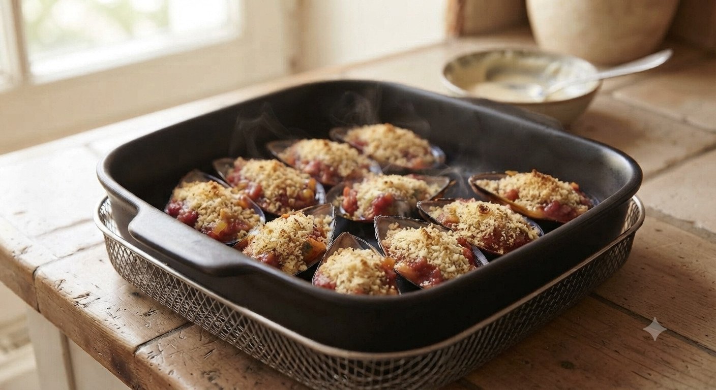 Mejillones gratinados dorados y burbujeantes, recién sacados de la freidora de aire