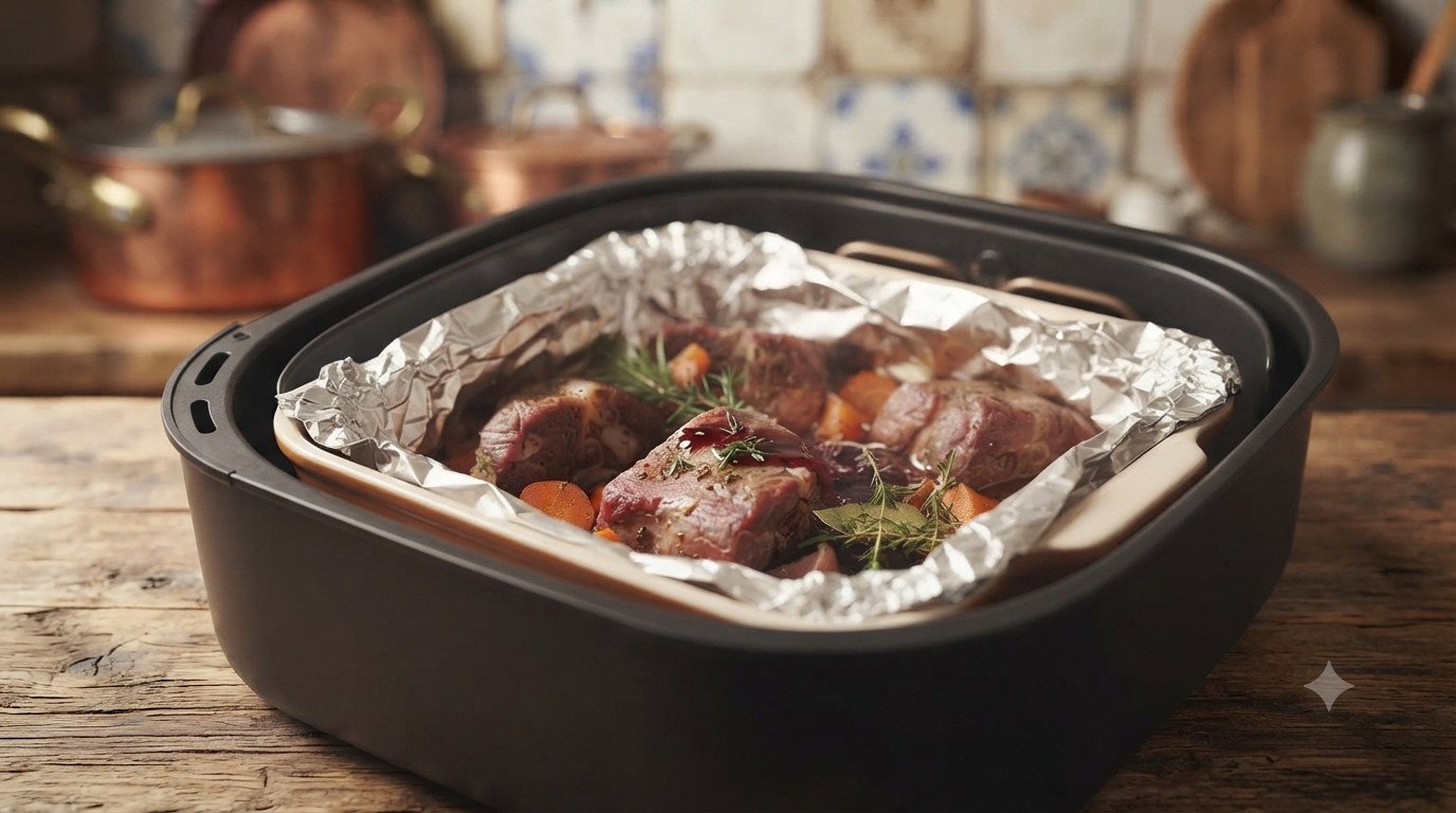 Rabo de toro con las verduras, el tomate y el vino tinto en una fuente apta para freidora, antes de cocinar