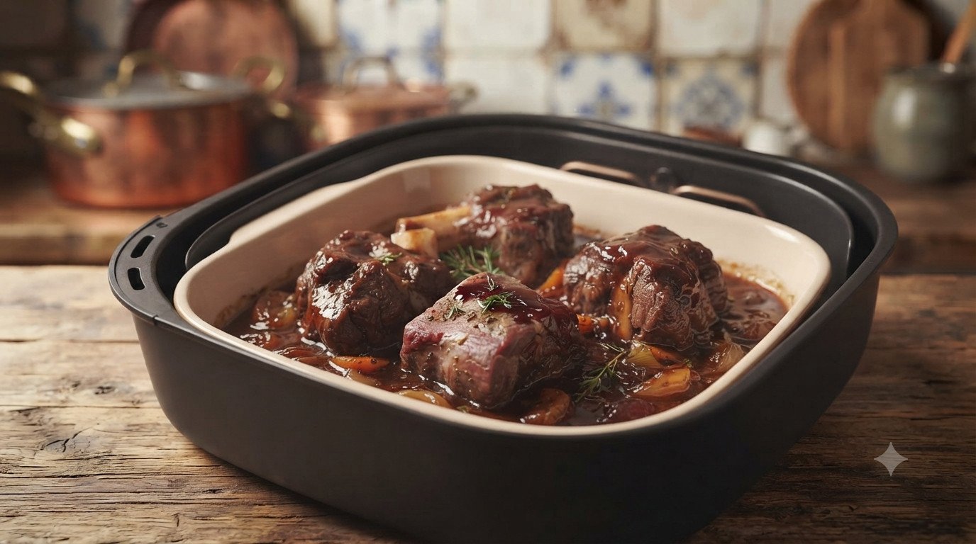 Rabo de toro estofado, tierno y con la salsa reducida, recién sacado de la freidora de aire