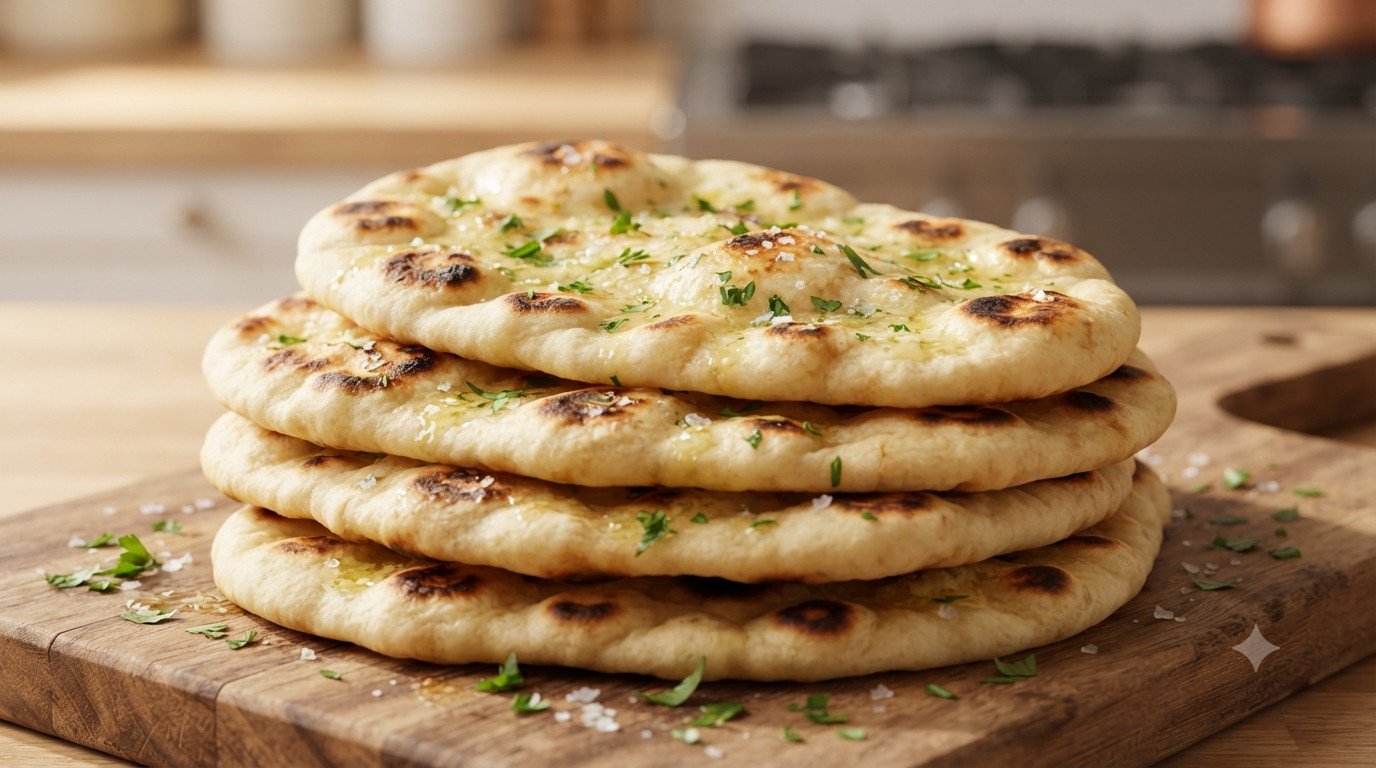 Naan casero con burbujas doradas y mantequilla de ajo en freidora de aire