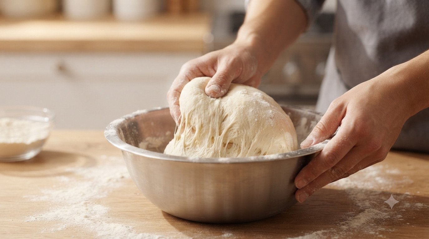 Masa de naan siendo amasada en un bol, con textura elástica