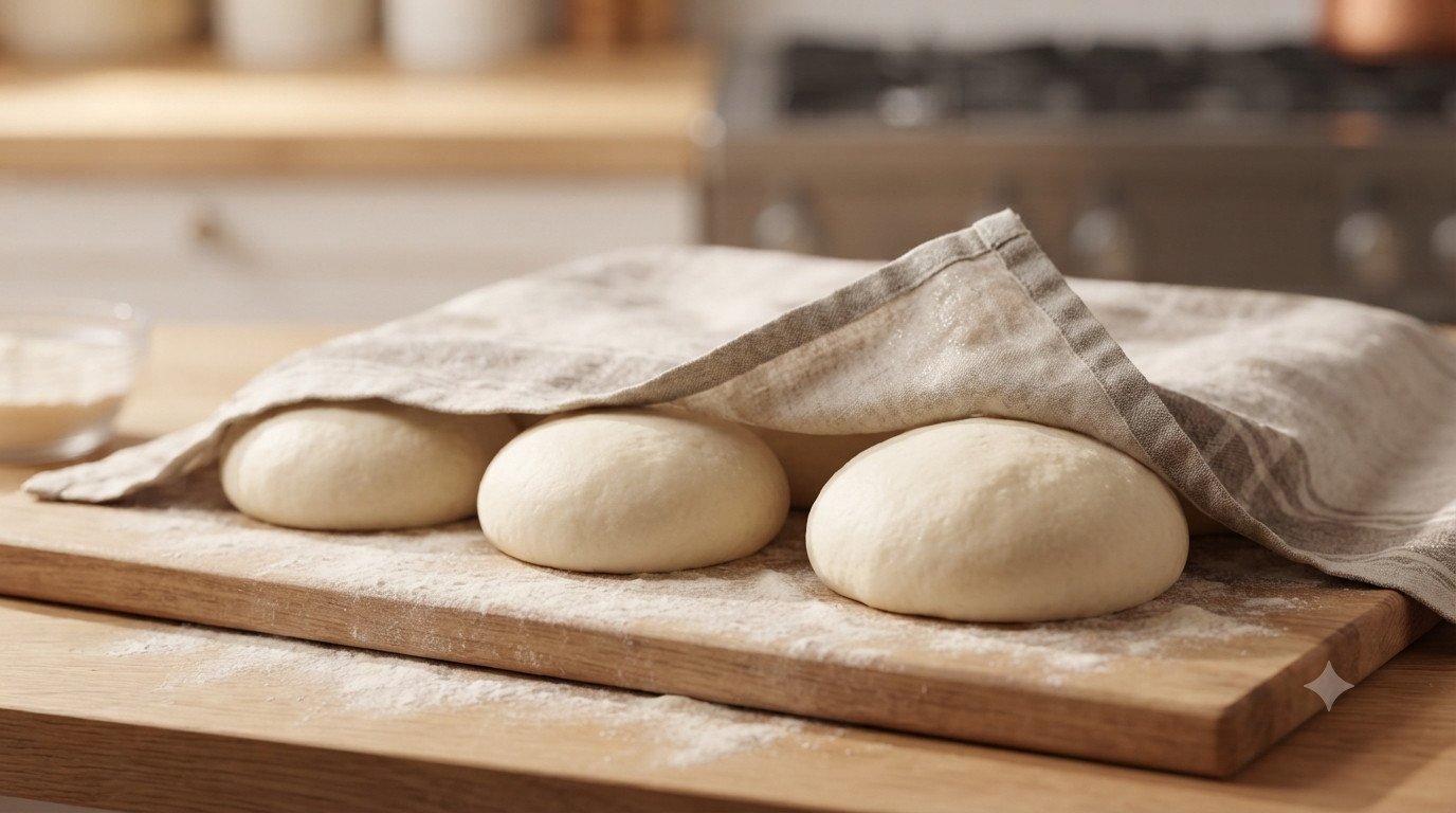 Bolas de masa de naan reposando y levando bajo un paño de cocina