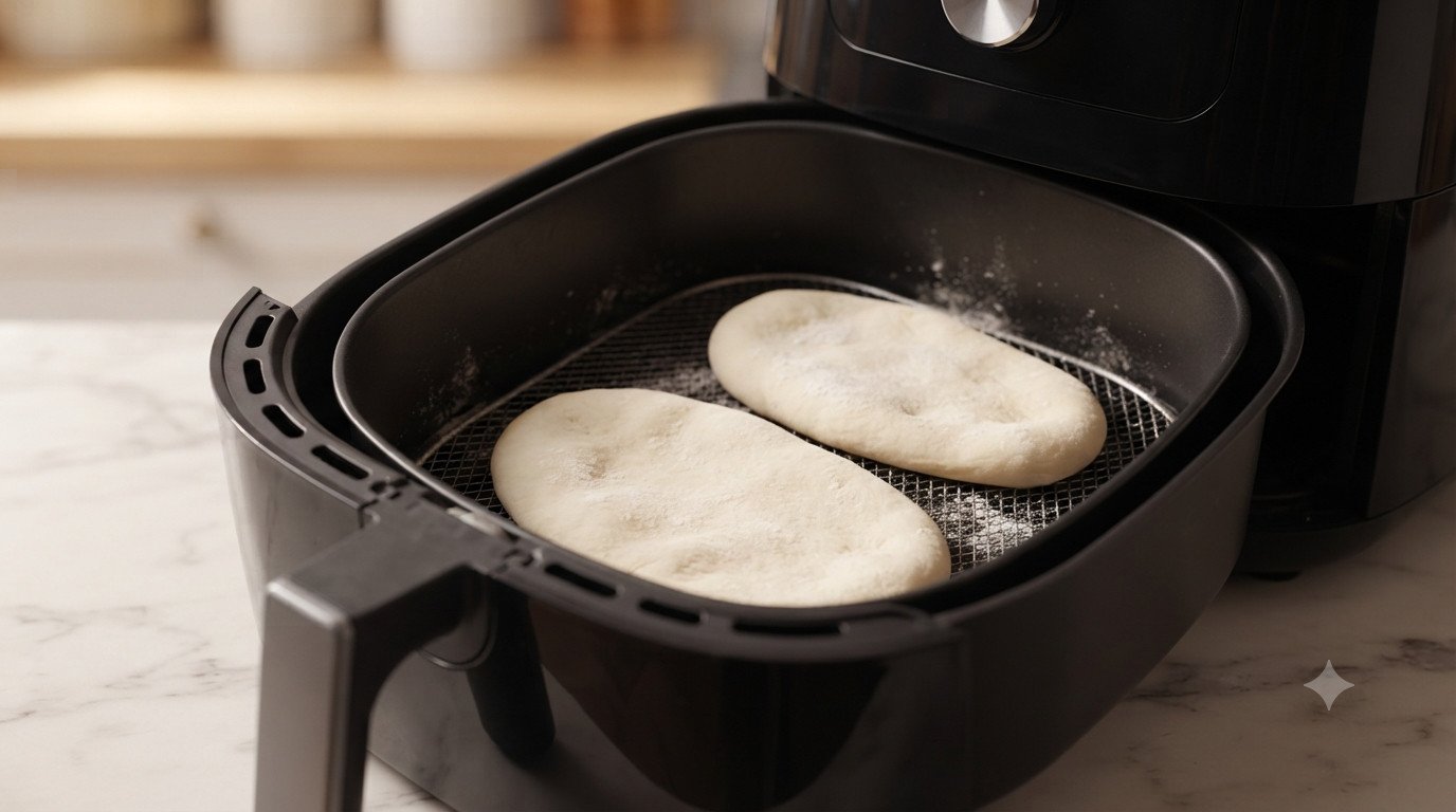 Naans crudos dentro de la cesta de la freidora de aire