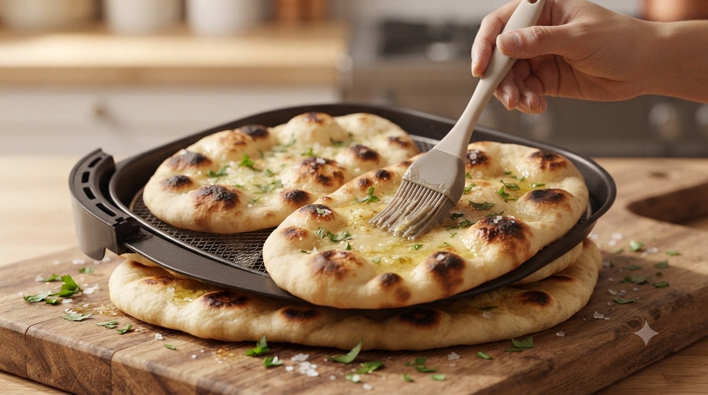 Naans dorados con burbujas tostadas, recién sacados de la freidora, siendo pincelados con mantequilla de ajo