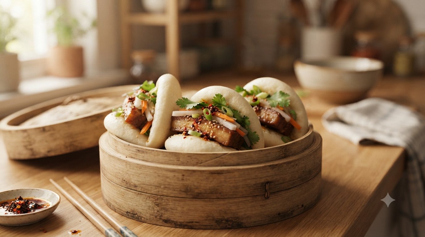 Bao buns esponjosos rellenos en freidora de aire