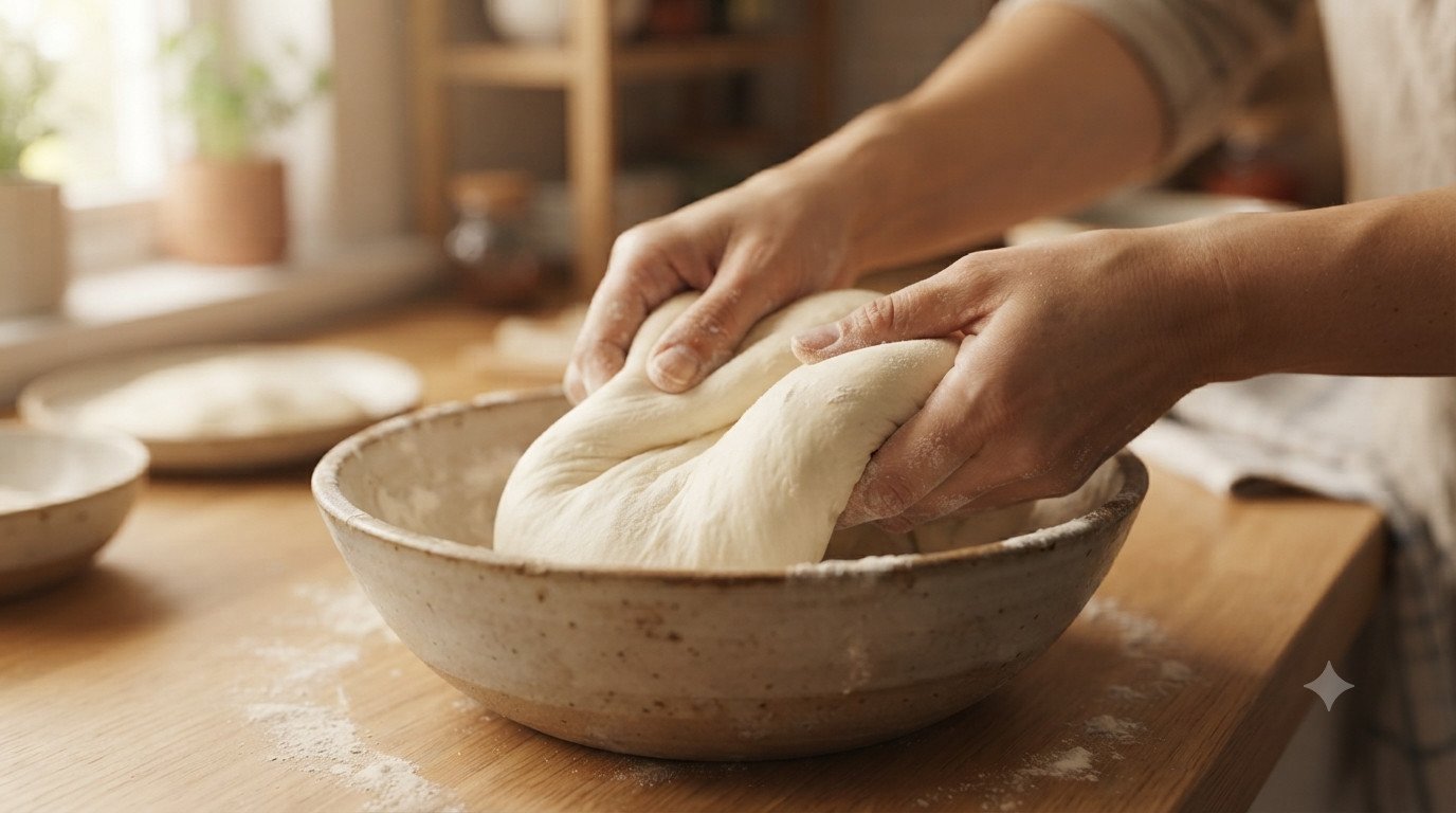 Masa de bao siendo amasada en un bol, con textura suave y elástica