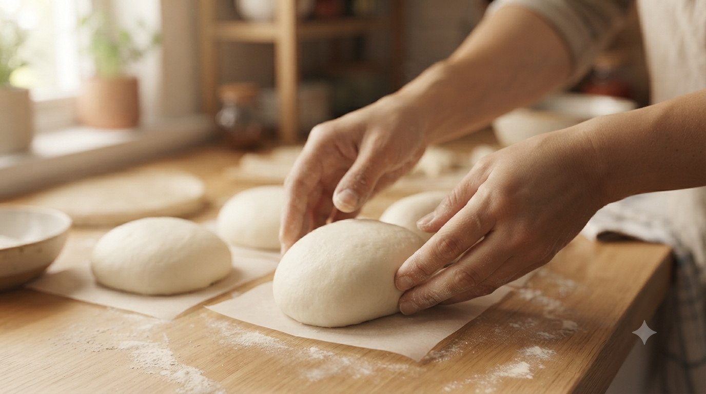 Manos formando bolas de masa ovaladas sobre una superficie enharinada, con papel de horno debajo