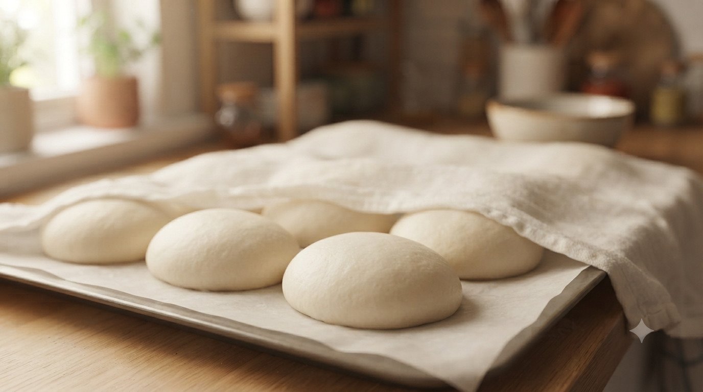 Bao buns crudos ya formados, reposando y levando bajo un paño de cocina