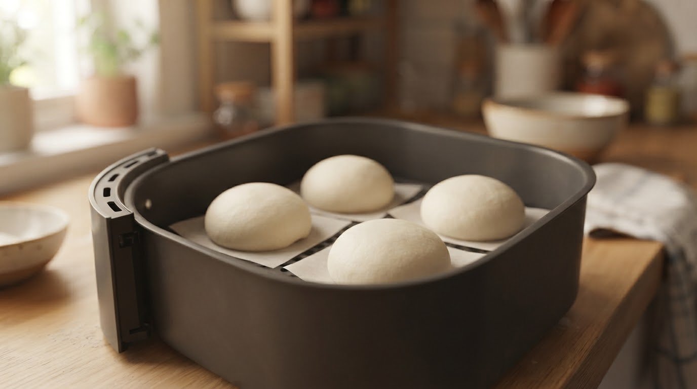 Bao buns dentro de la cesta de la freidora de aire, sobre sus cuadrados de papel
