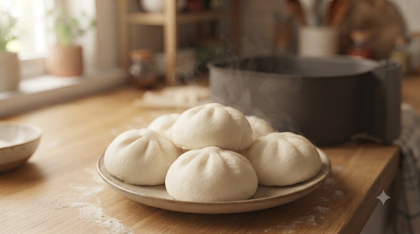 Bao buns blancos y esponjosos, recién sacados de la freidora de aire