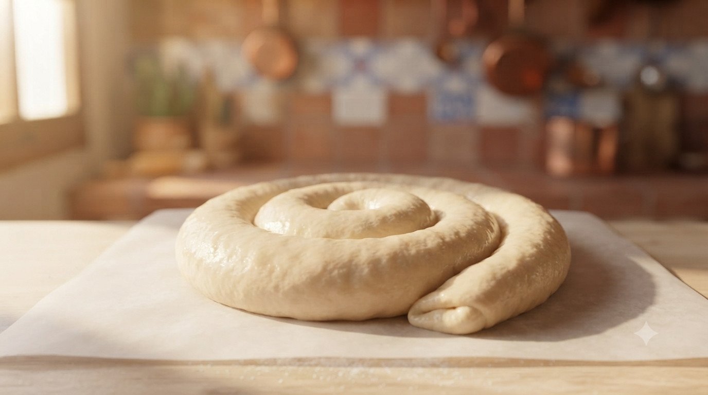 Cordón de masa enroscado en espiral, crudo, listo para fermentar, sobre papel de horno