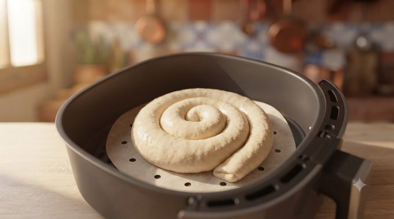 Ensaimada en espiral dentro de la cesta de la freidora de aire, antes de cocinar
