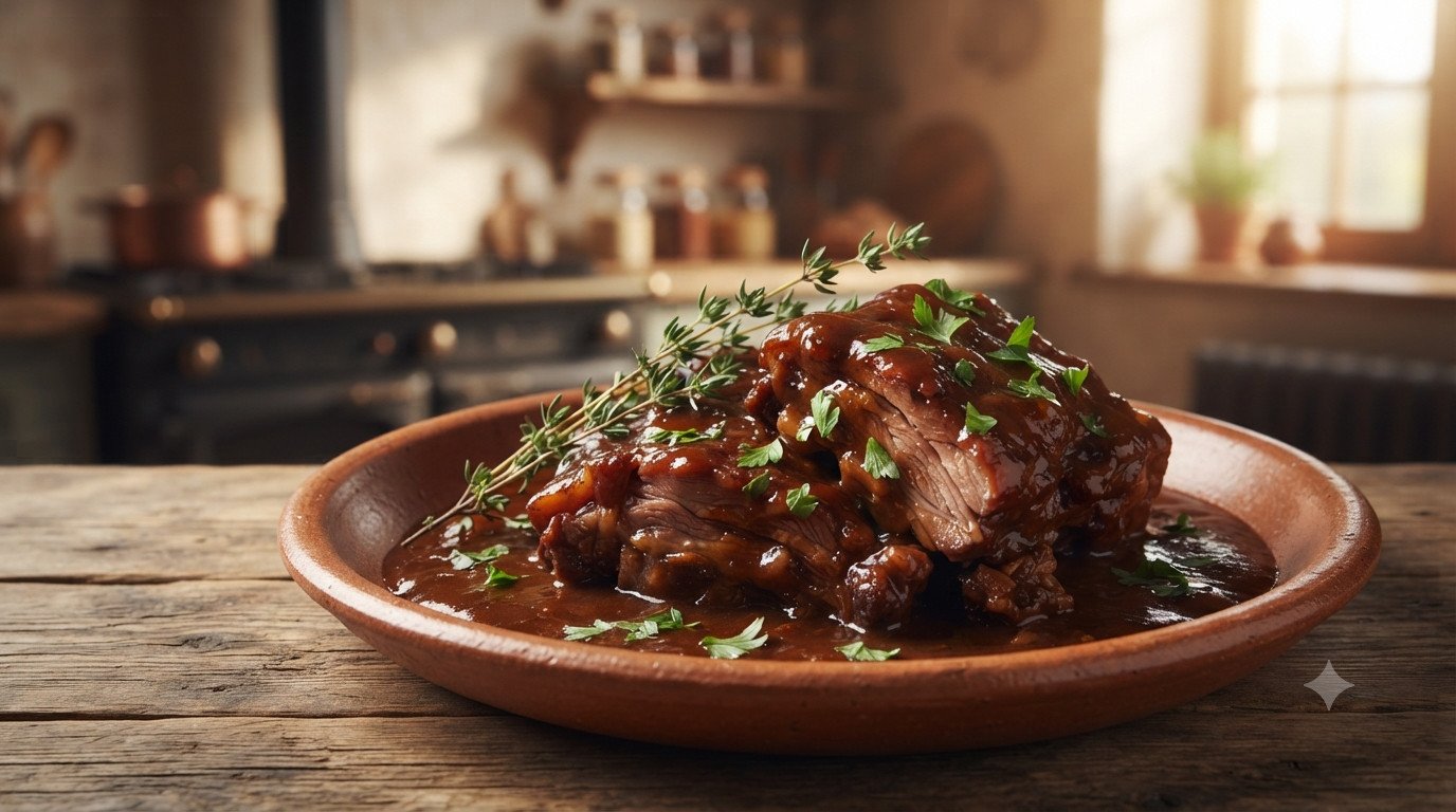 Carrilleras de cerdo guisadas en salsa en freidora de aire