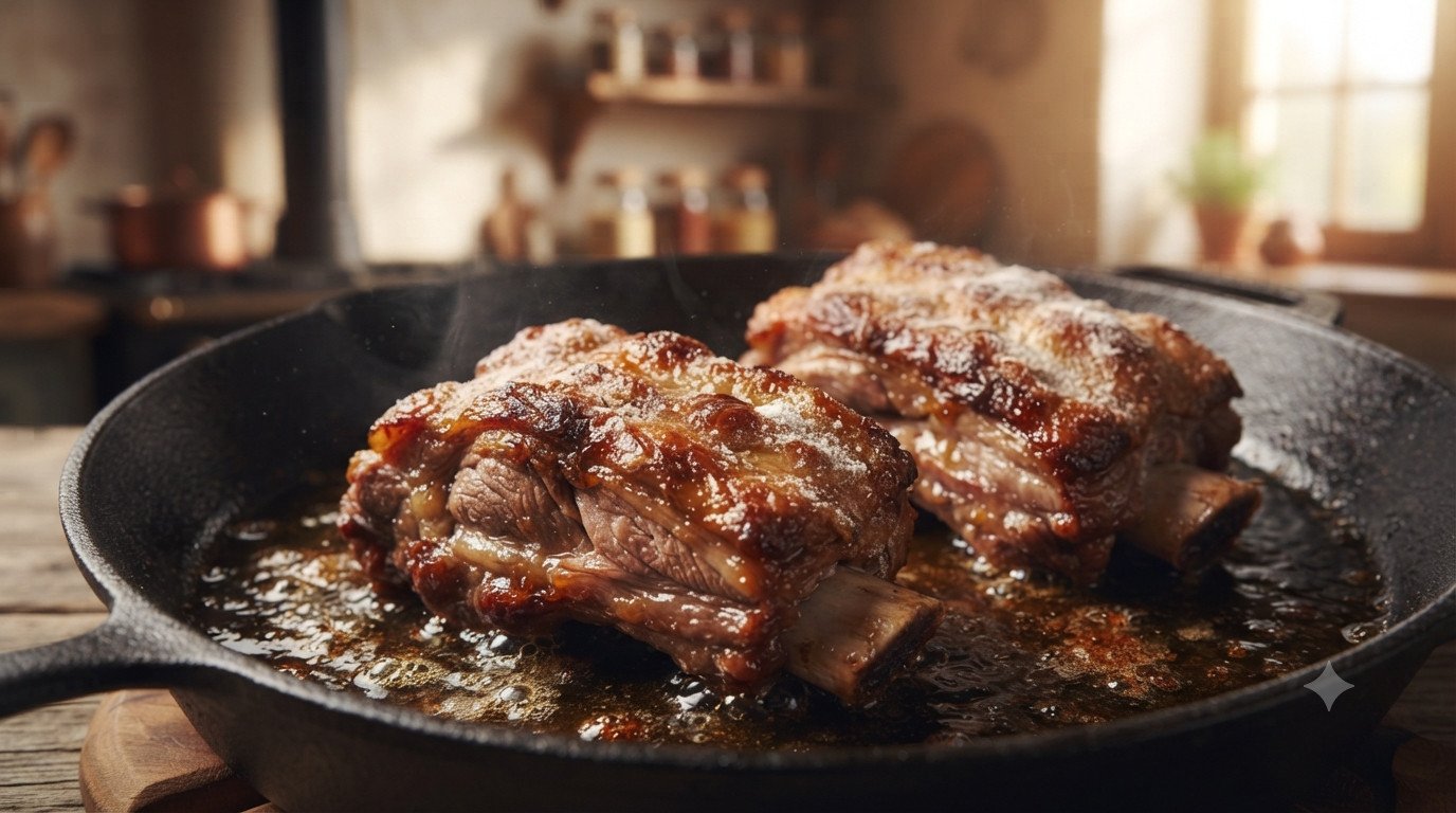 Carrilleras de cerdo enharinadas y sellándose doradas en una sartén