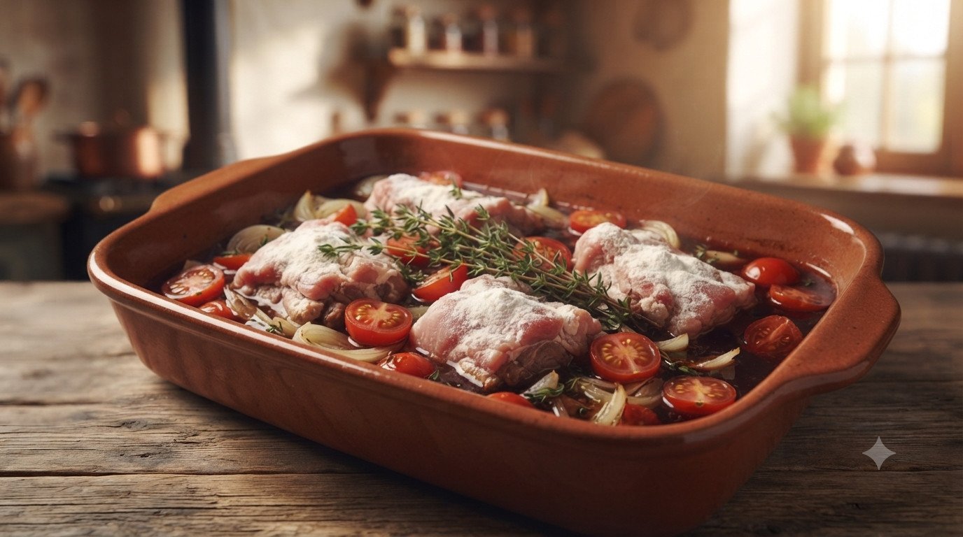 Carrilleras con las verduras, el tomate y el vino tinto en una fuente apta para freidora, antes de cocinar