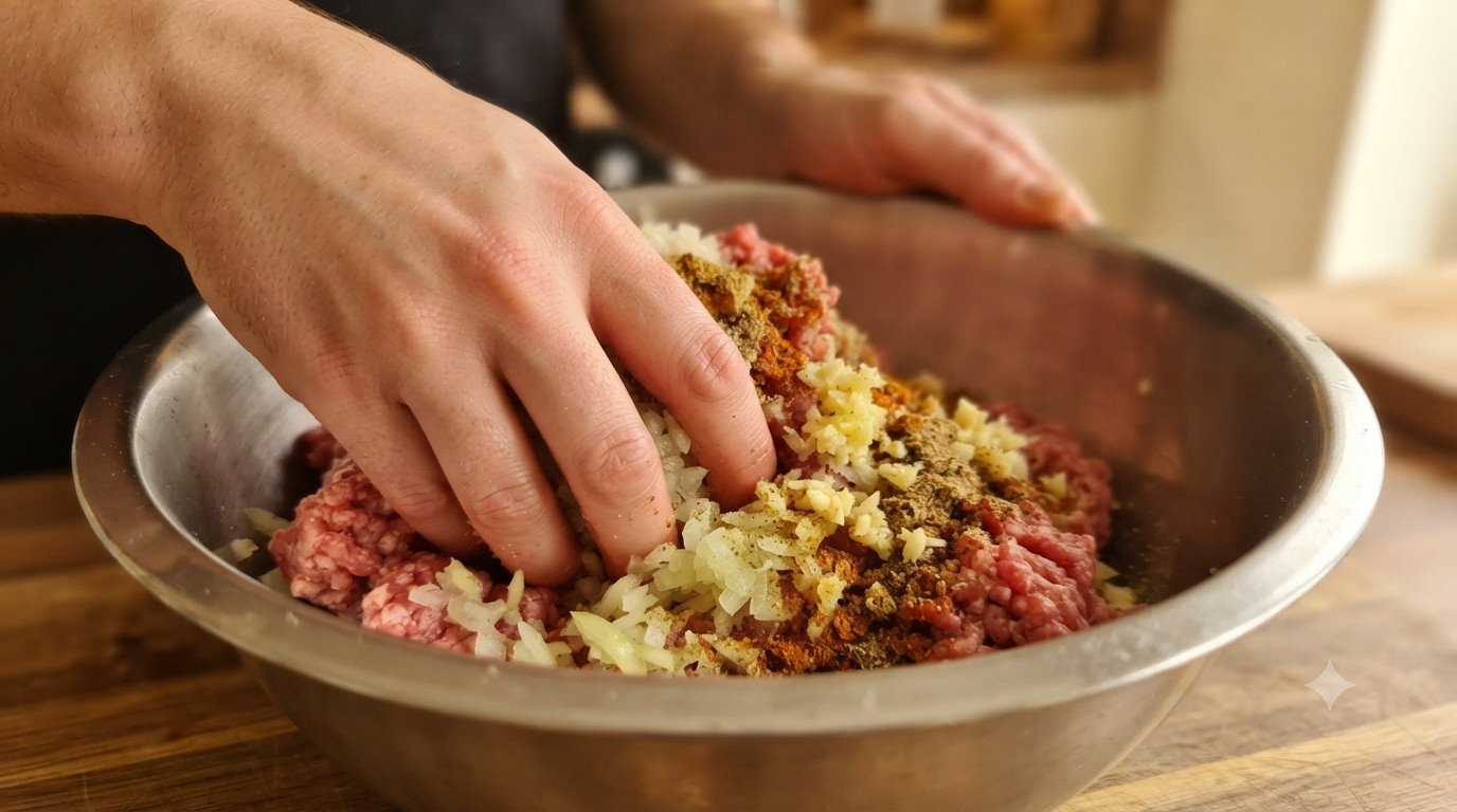 Carne picada de ternera mezclándose con cebolla rallada, ajo y especias en un bol