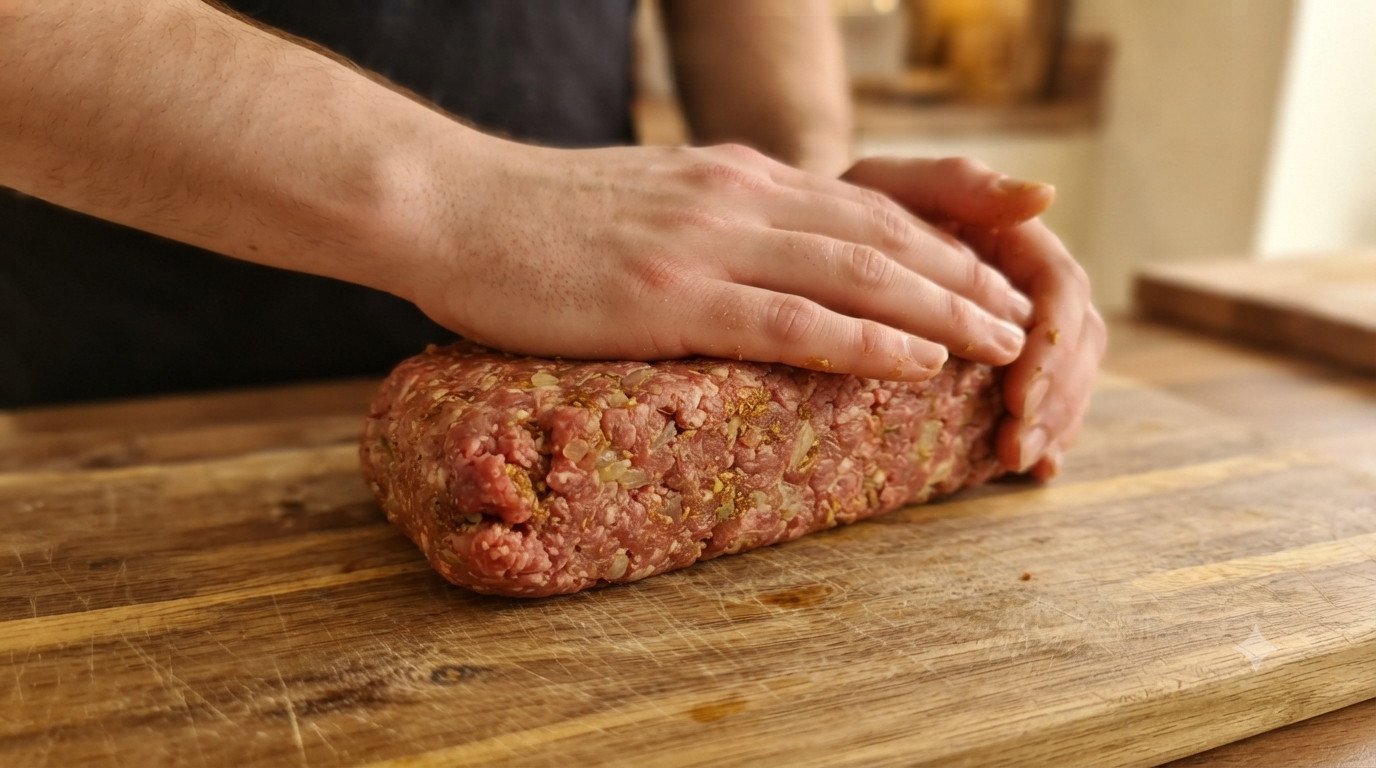 Manos formando y compactando la mezcla de carne en forma de bloque alargado sobre una tabla