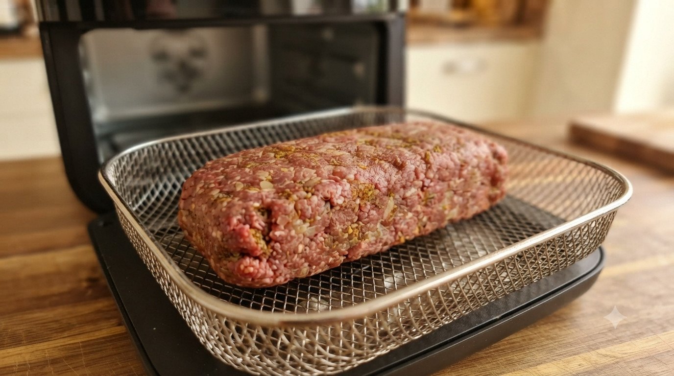 Bloque de carne para kebab dentro de la cesta de la freidora de aire, antes de cocinar