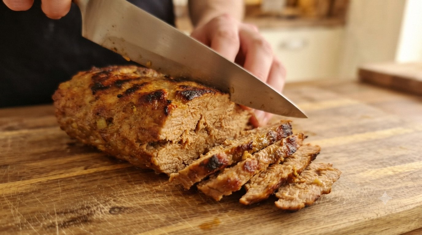 Carne de kebab ya cocinada, dorada por fuera, siendo cortada en lonchas finas sobre una tabla