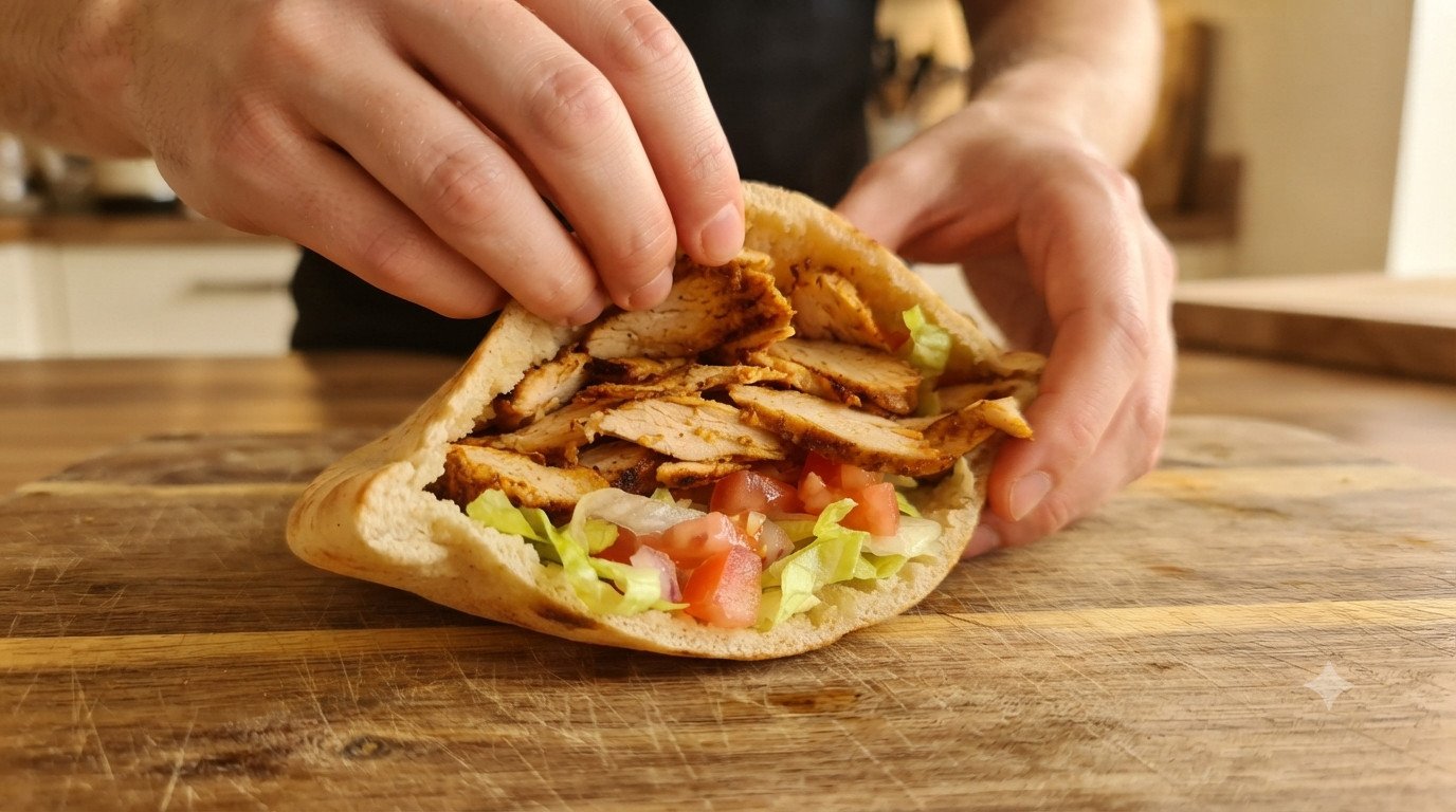 Manos rellenando un pan de pita con las lonchas de carne, lechuga y tomate