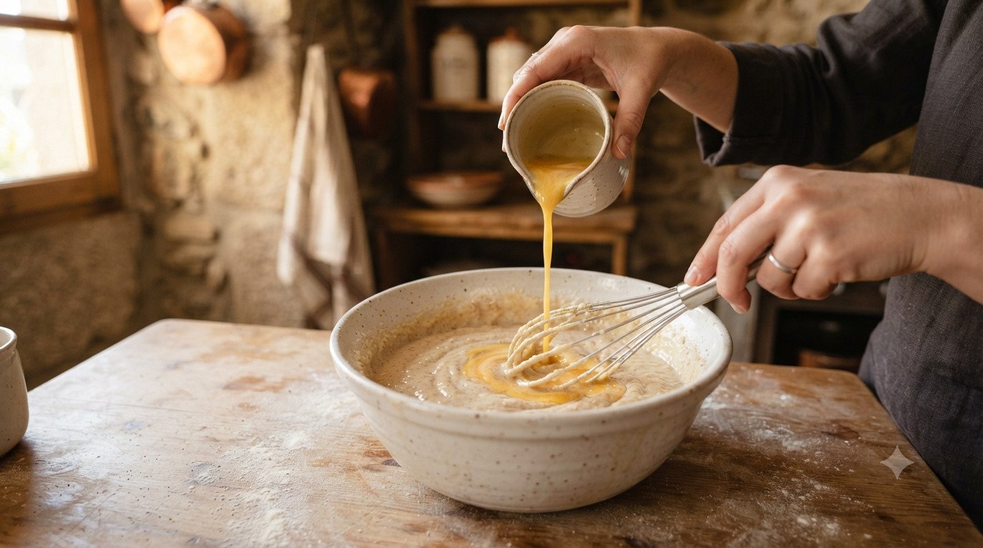 Huevos batidos siendo incorporados a la mezcla de almendra, con textura cremosa y homogénea