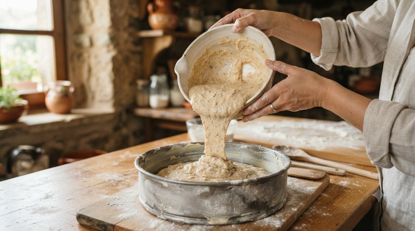 Masa de tarta de Santiago siendo vertida en un molde redondo engrasado, antes de cocinar