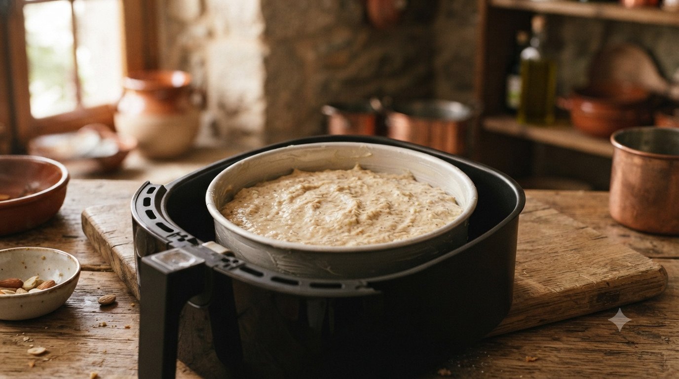 Molde con la masa cruda dentro de la cesta de la freidora de aire