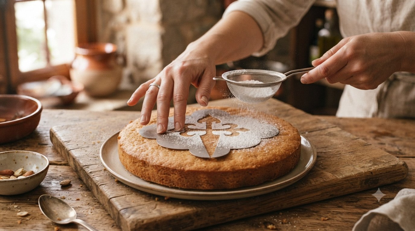 Manos colocando una plantilla de la cruz de Santiago sobre la tarta ya horneada y espolvoreando azúcar glas por encima