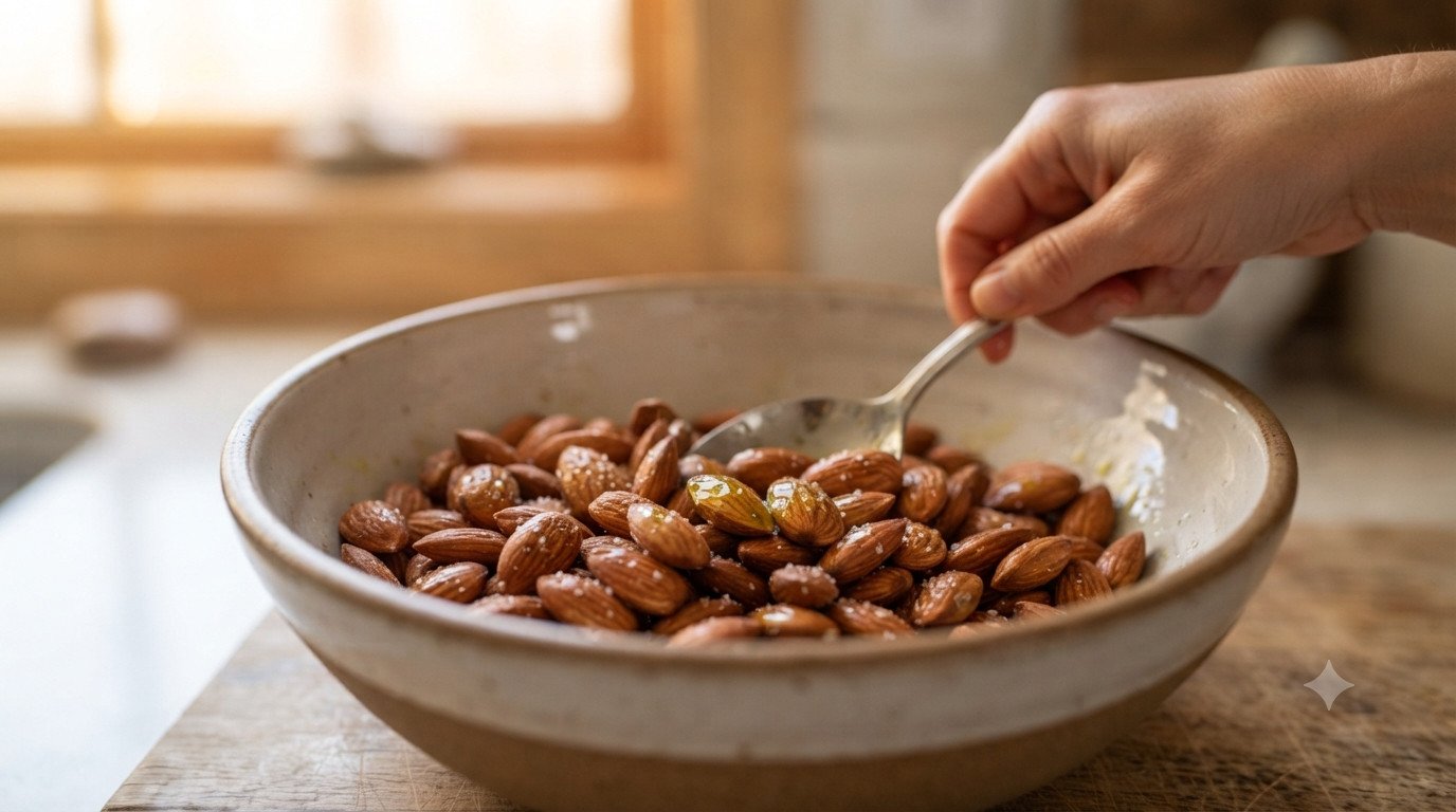 Almendras siendo mezcladas con aceite de oliva y sal en un bol