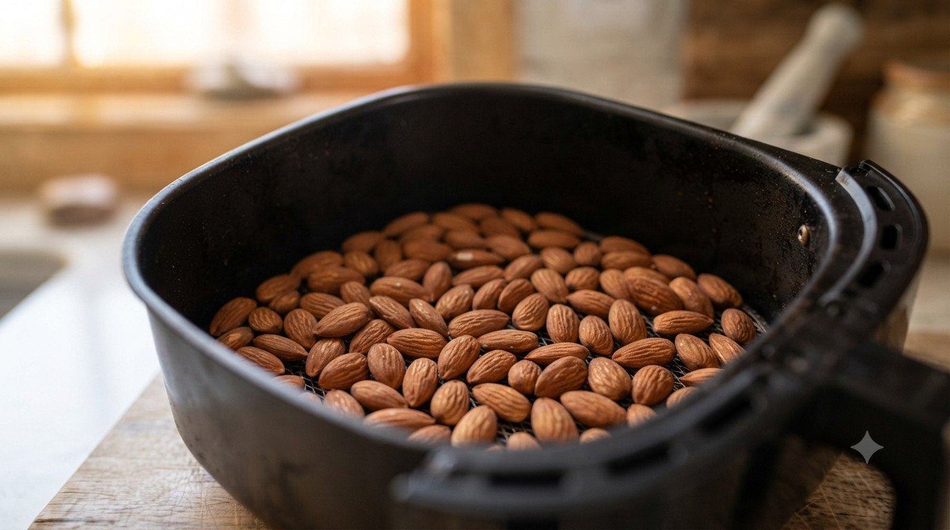 Almendras crudas extendidas en una sola capa dentro de la cesta de la freidora de aire, antes de cocinar