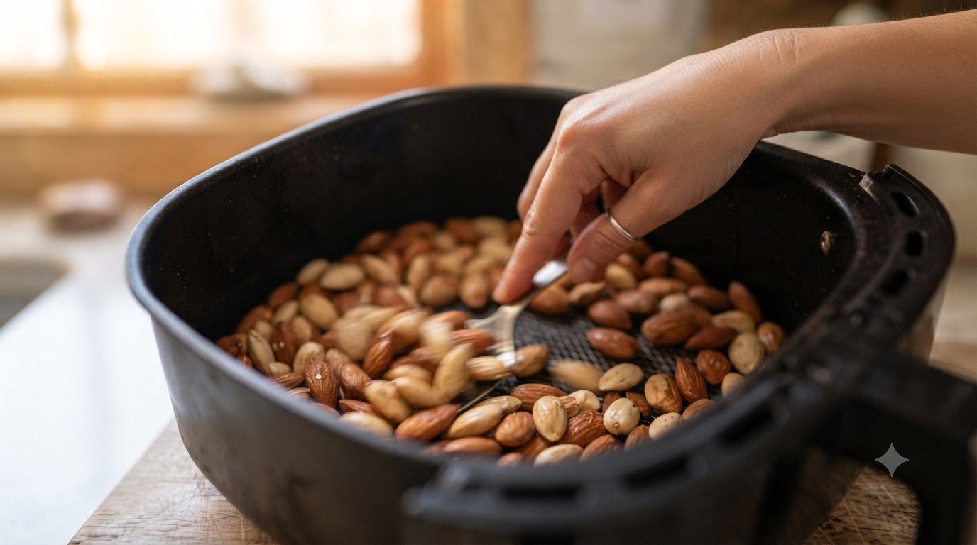 Mano removiendo las almendras a mitad de tostado dentro de la cesta de la freidora