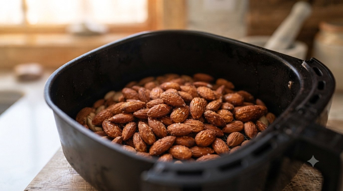 Almendras tostadas doradas y crujientes, recién sacadas de la freidora, en primer plano