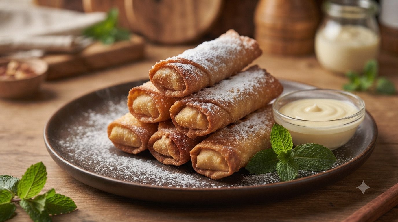 Rollitos crujientes de tarta de queso y fresas en air fryer con salsa de chocolate blanco