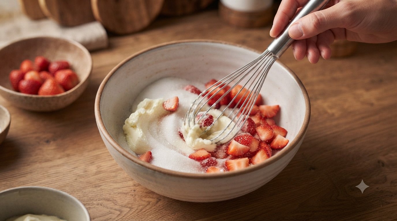 Queso crema, azúcar y fresas troceadas mezclándose en un bol