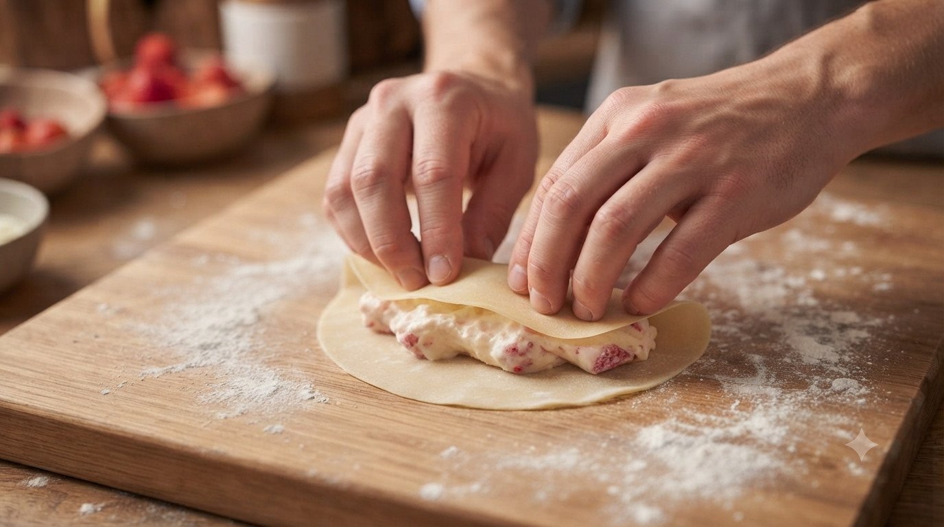 Oblea de rollito siendo rellena con la mezcla de queso y fresa sobre una tabla
