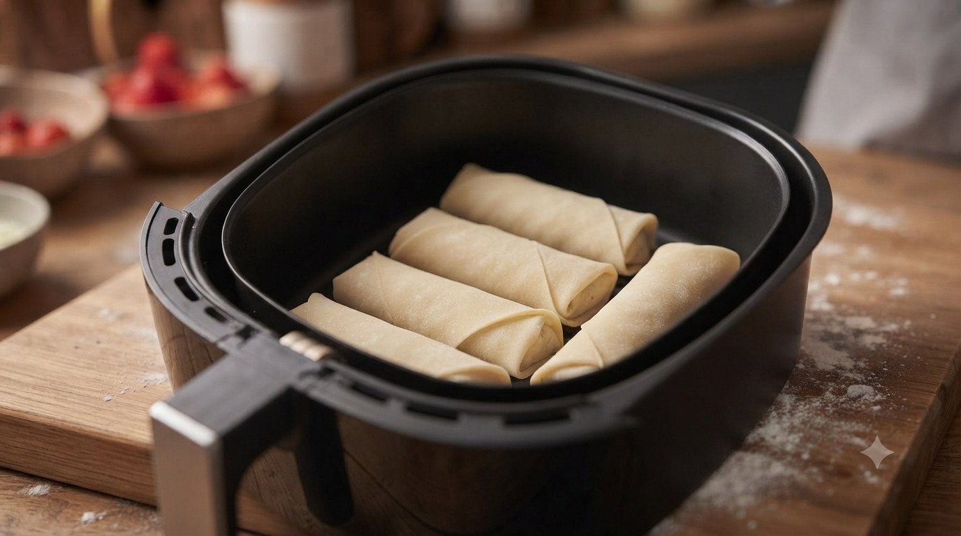 Rollitos enrollados dentro de la cesta de la freidora de aire antes de cocinar