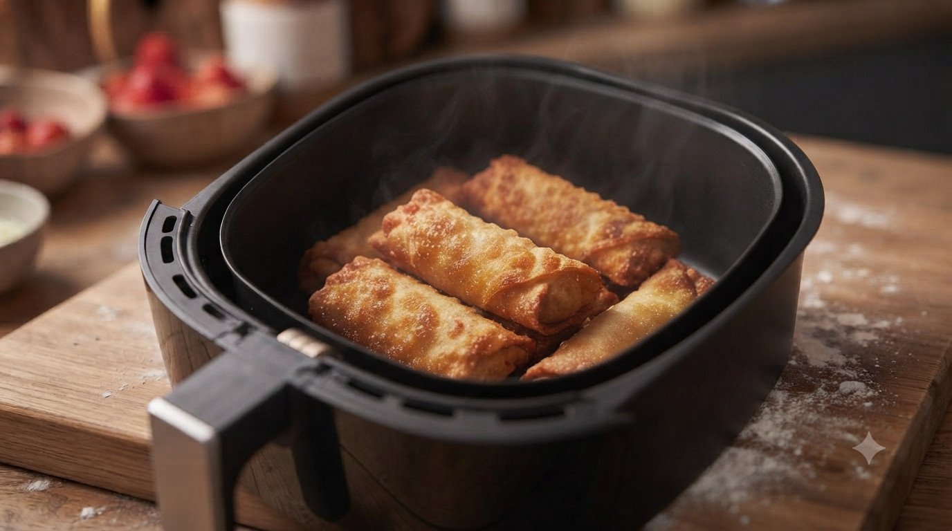 Rollitos crujientes y dorados recién sacados de la freidora