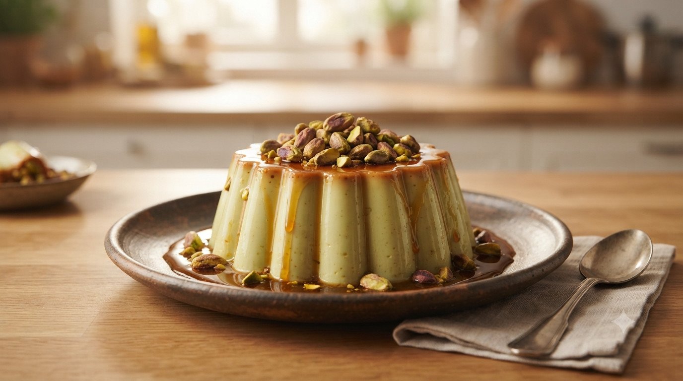 Flan de pistachos desmoldado con caramelo casero en freidora de aire