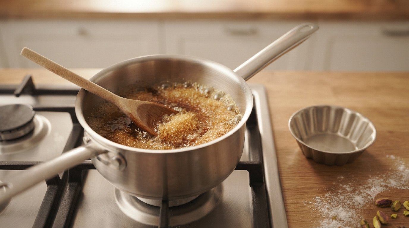 Azúcar caramelizándose en una sartén junto a moldes individuales