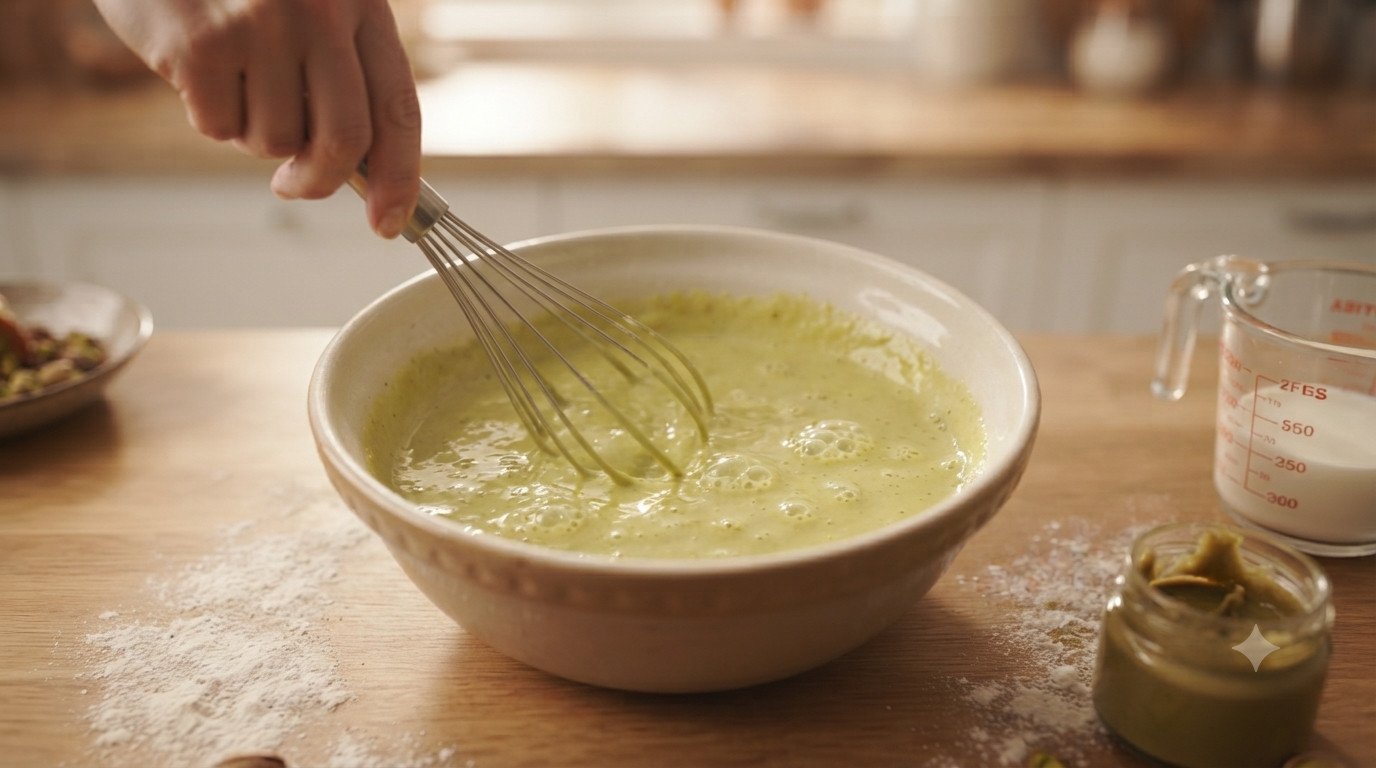 Huevos, leche y pasta de pistacho batiéndose en un bol