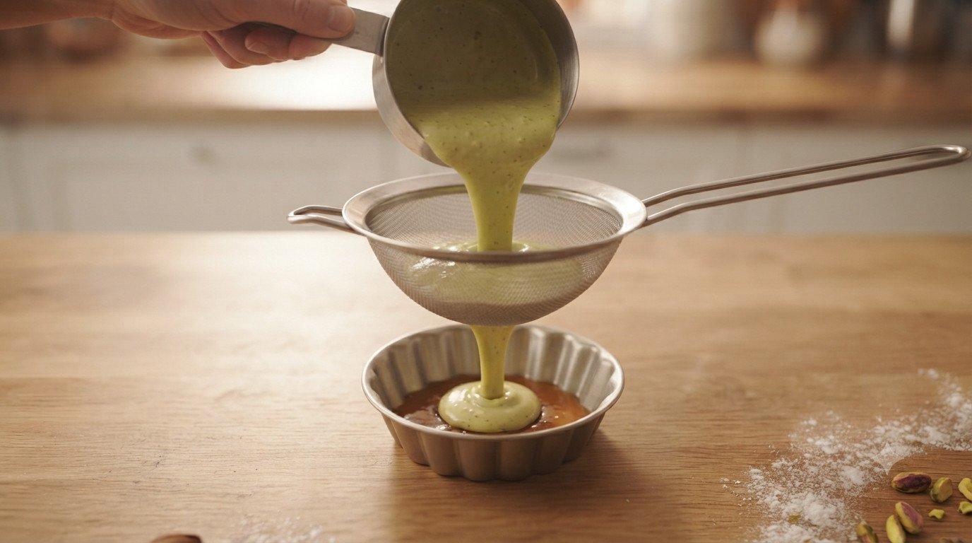 Mezcla de flan siendo colada sobre un molde individual con caramelo en el fondo