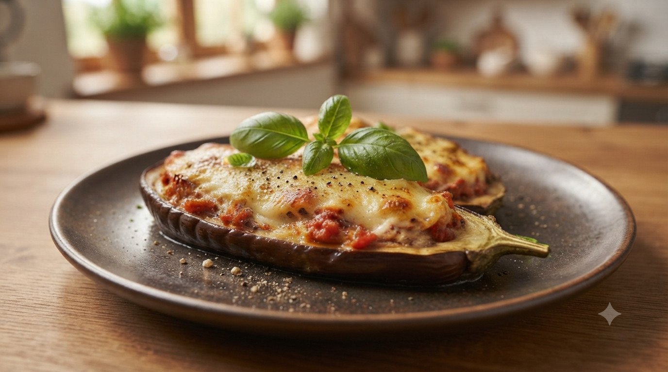 Rodajas de berenjena rellenas de tomate y queso crema gratinadas en freidora de aire