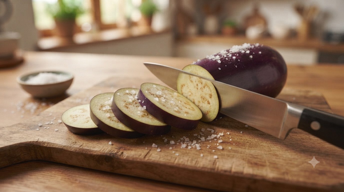 Rodajas de berenjena cortadas y espolvoreadas con sal sobre tabla de madera
