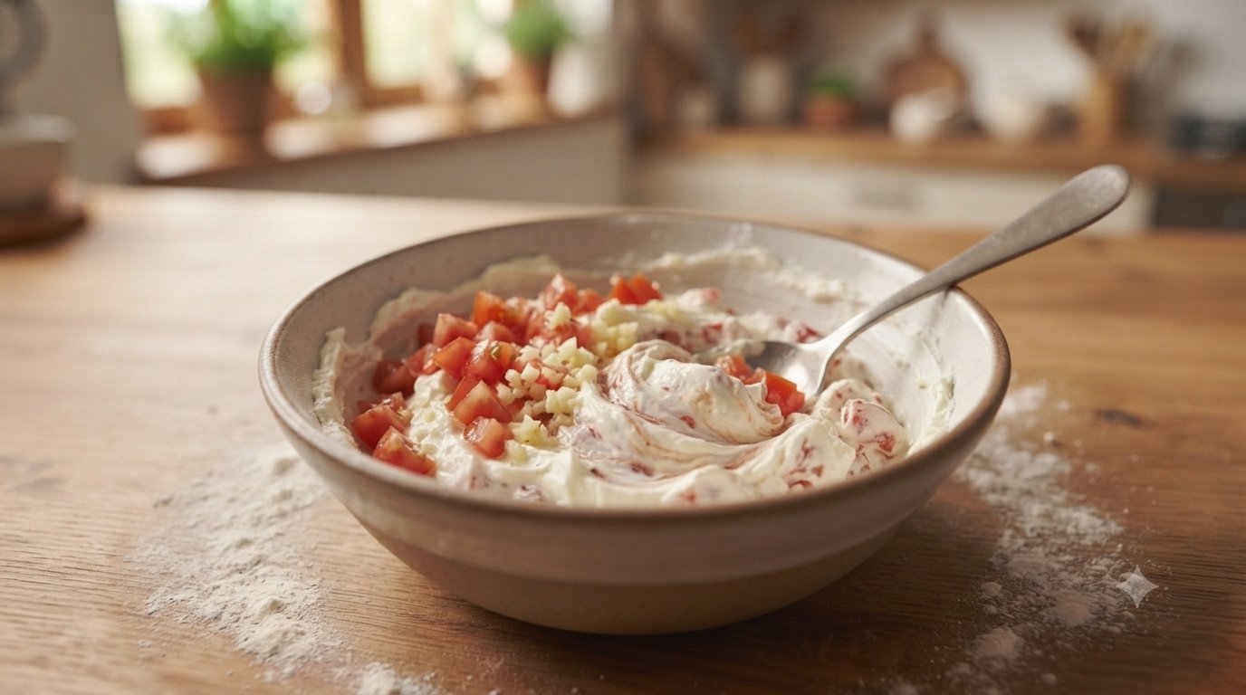 Queso crema, tomate troceado y ajo mezclándose en un bol