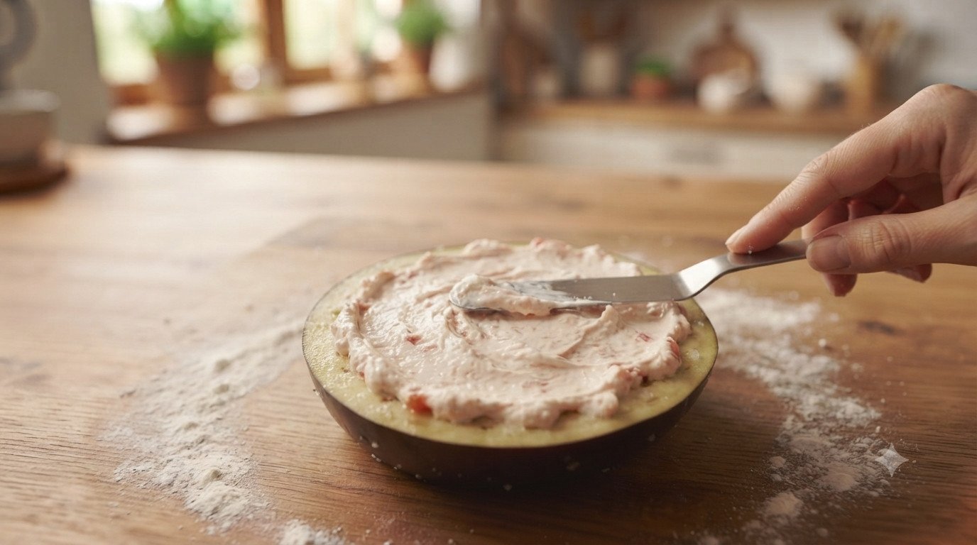Rodaja de berenjena cubierta con la mezcla de tomate y queso crema