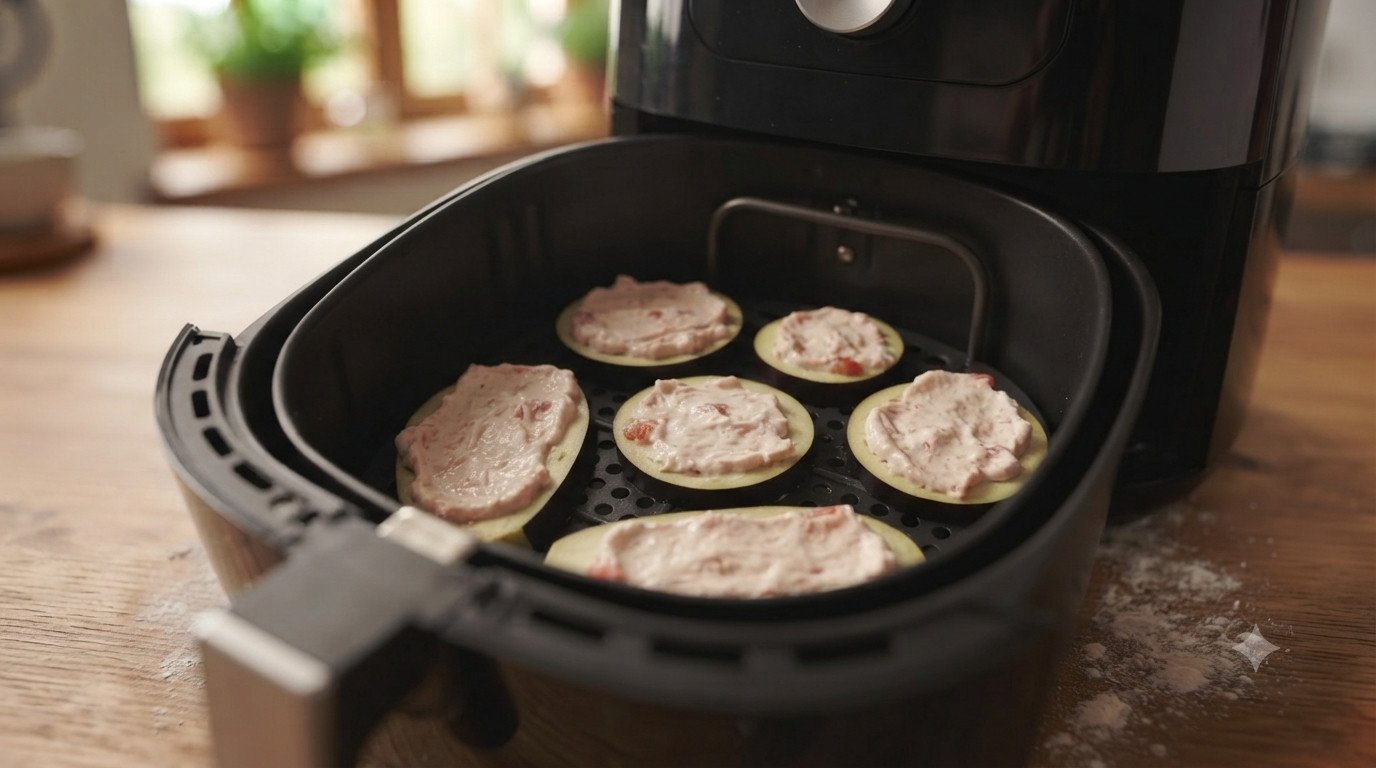 Rodajas de berenjena rellenas dentro de la cesta de la freidora de aire